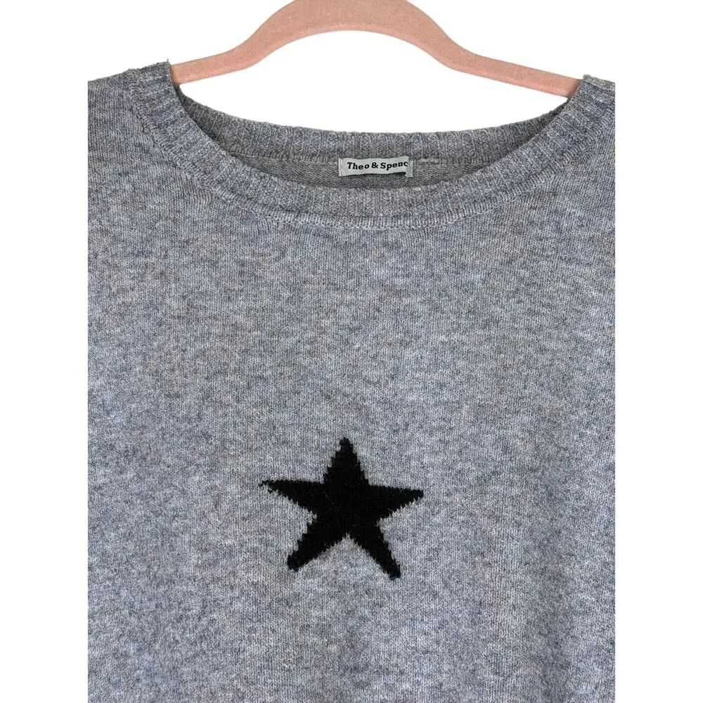 Theo Spence Gray Black w/Star Print Oversized Long Sleeve Sweater Top Size M - Picture 2 of 9